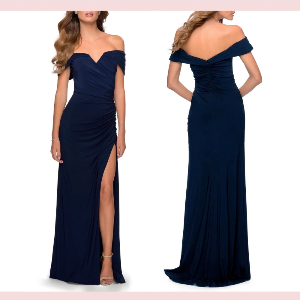 NEW $368 La Femme [ size 6 ] High Slit Off the Shoulder Jersey‎ Gown Navy